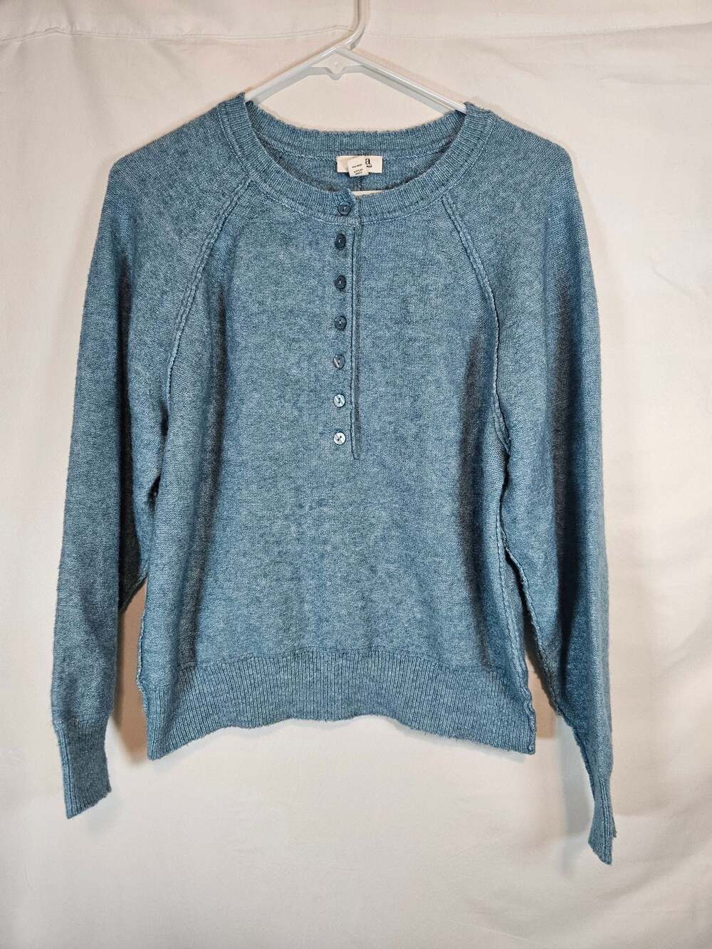 A.N.A a new approach Blue Heather Henley Button Neck Pullover Sweater Small